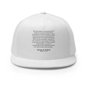 White trucker cap featuring a design referencing George H. W. Bush's 1991 "new world order" quotation.