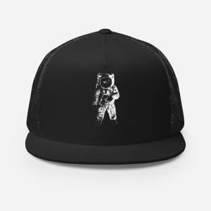 Black trucker cap displaying Apollo 11 Moon Landing artwork commemorating humanity's first journey to the lunar surface