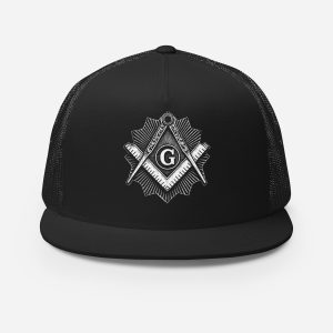 Black trucker cap displaying Freemasons-related symbolic imagery inspired by centuries of Masonic tradition