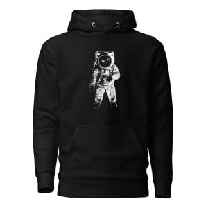 Black hoodie displaying Apollo 11 Moon Landing artwork commemorating the first human footsteps on the Moon