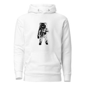 White hoodie featuring Apollo 11 Moon Landing artwork inspired by the historic 1969 lunar mission