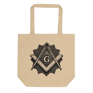 Natural tote bag featuring Freemasons-inspired symbolic imagery associated with Masonic traditions and historical symbolism