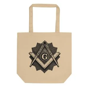 Natural tote bag featuring Freemasons-inspired symbolic imagery associated with Masonic traditions and historical symbolism