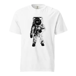 White T-shirt featuring Apollo 11 Moon Landing design inspired by astronauts walking on the lunar surface