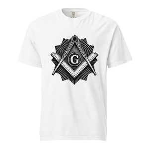 White T-shirt featuring Freemasons-related symbolic artwork inspired by historical Masonic traditions