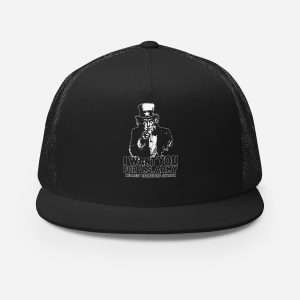 Black trucker cap featuring a front-panel design representing the historical concept of propaganda and public communication.