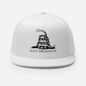 White trucker cap featuring the Gadsden Flag rattlesnake emblem and Revolutionary slogan