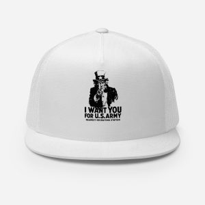 White trucker cap featuring a front-panel design representing the historical concept of propaganda and public communication.