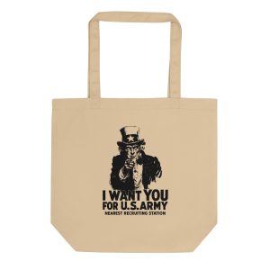 Natural tote bag featuring a design representing the historical concept of propaganda and public communication.