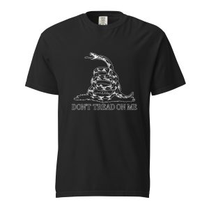 Black t-shirt featuring the Gadsden Flag rattlesnake emblem and Revolutionary-era slogan