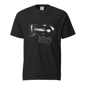 Black t-shirt featuring Little Boy atomic bomb design inspired by Hiroshima and the beginning of the nuclear age