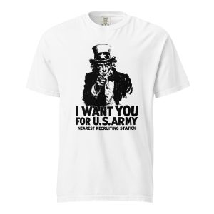 White T-shirt featuring a design representing the historical concept of propaganda and public communication.