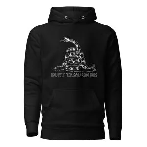 Black hoodie displaying the Gadsden Flag rattlesnake symbol associated with Revolutionary America