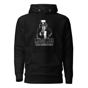 Black hoodie featuring a design representing the historical concept of propaganda and public communication.