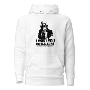 White hoodie featuring a design representing the historical concept of propaganda and public communication.