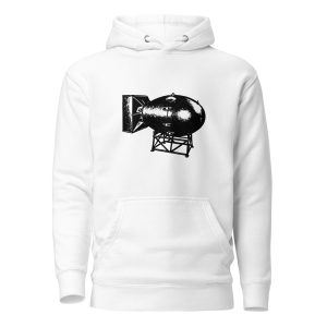 White hoodie featuring Little Boy atomic bomb artwork inspired by Hiroshima and the beginning of the nuclear age